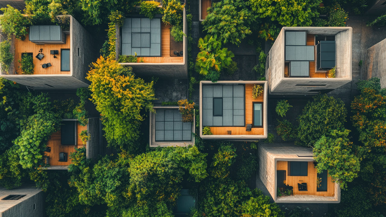 Luchtfoto van moderne, duurzame gebouwen met groene daken, zonnepanelen en veel omliggend groen