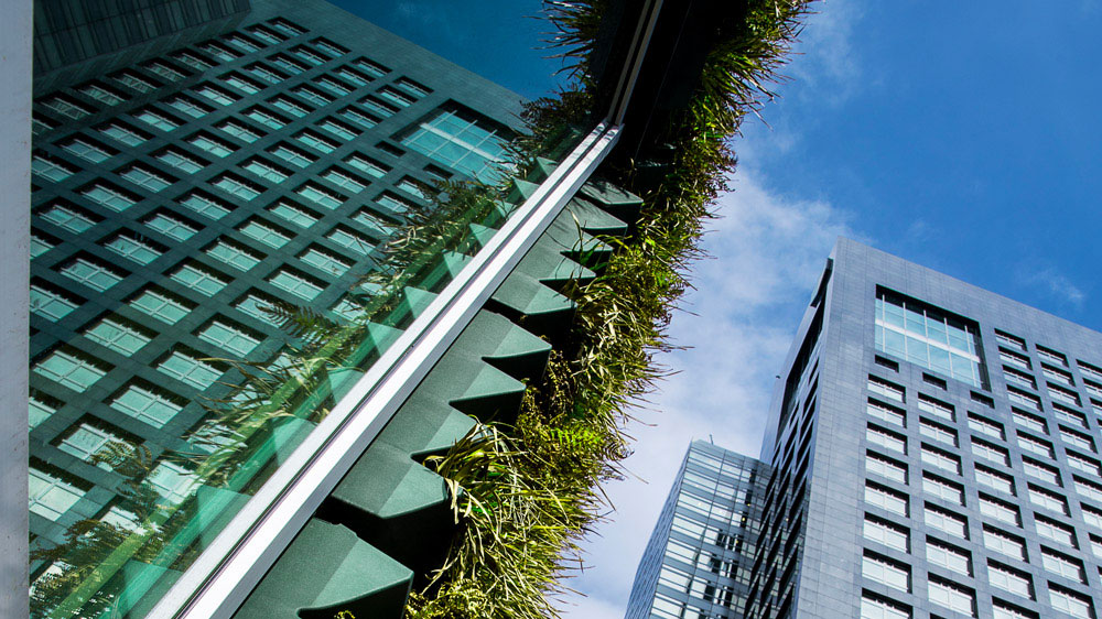 Moderne gebouwen met glazen gevels en geïntegreerd groen, illustratief voor gezonde en comfortabele werkomgevingen volgens WELL