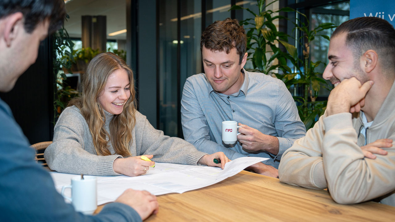 Vier medewerkers in overleg aan tafel met tekening, voor samenwerking in verleggingscoördinatie van kabels en leidingen