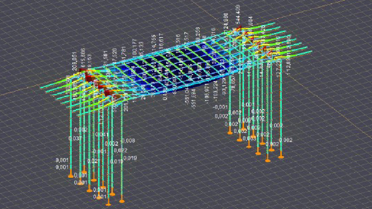 3D-model van brugconstructie met krachten- en verplaatsingsdata, gebruikt voor structurele analyse en herberekening