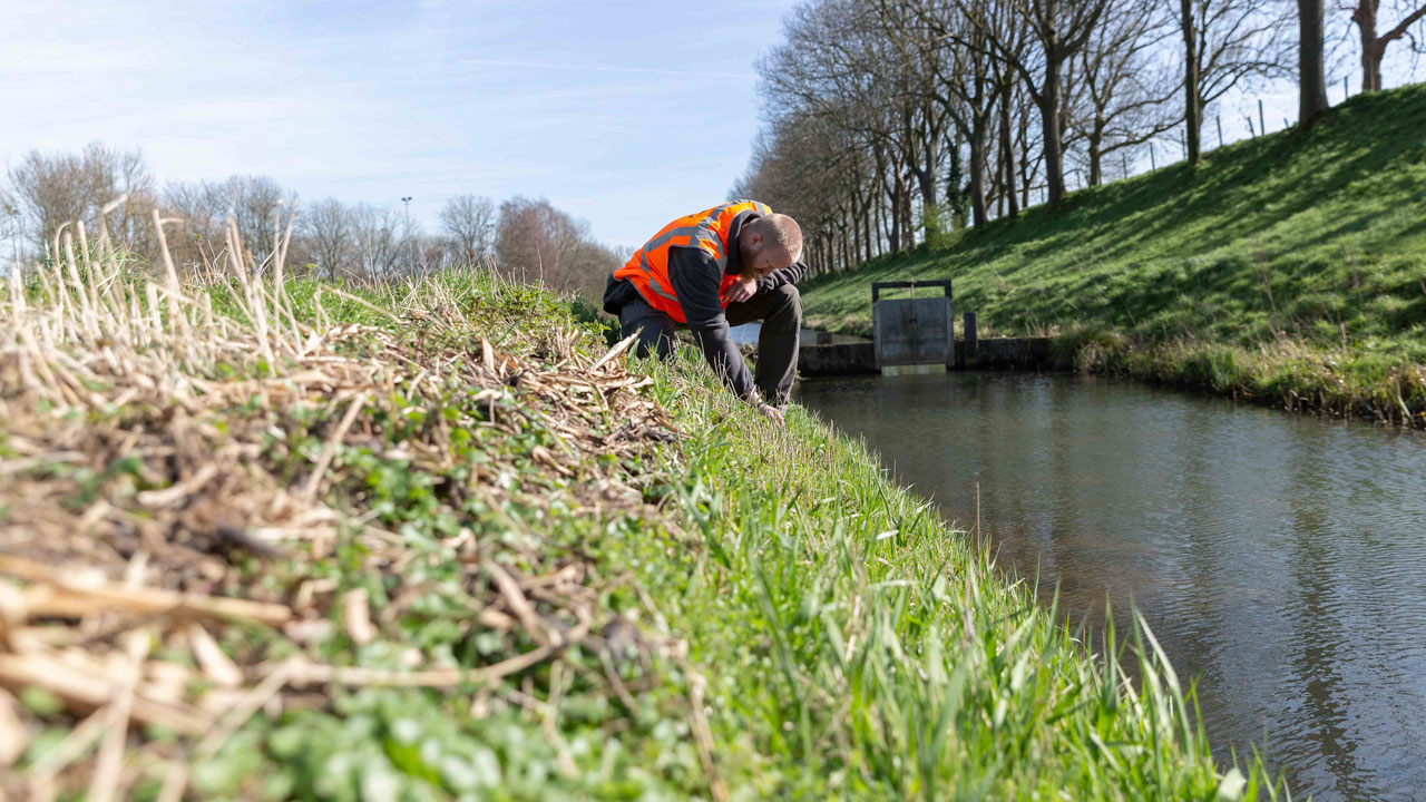 Inspectie langs watergang door medewerker in veiligheidsvest bij brugconstructie – ecologische toetsing en effectanalyse in het kader van ruimtelijke ontwikkeling