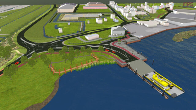 3D-ontwerp van infrastructuurproject aan water met wegen, groen, gebouwen en aanlegsteiger met gele veerboot