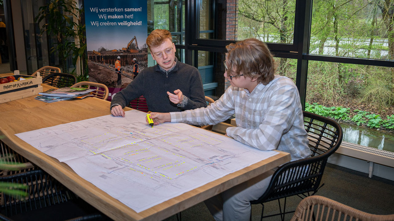 Twee broers bespreken bouwplannen met blauwdrukken, focus op veiligheid en samenwerking in de energietransitie