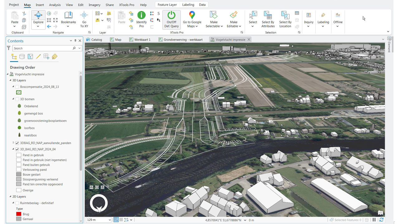 Screenshot van ArcGIS Pro met 3D-kaart en lagenstructuur, illustratie van geavanceerde GIS-analyse en datavisualisatie in ruimtelijke projecten