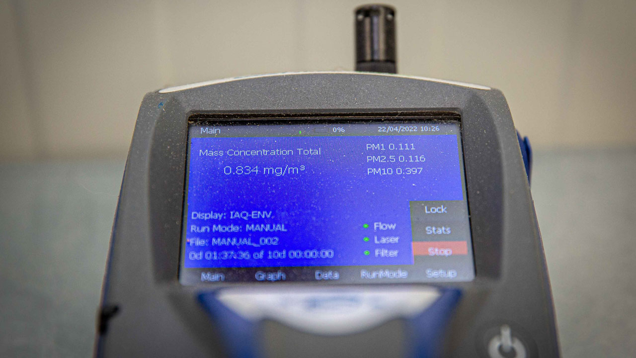 Meetapparaat toont realtime concentraties fijnstof (PM1, PM2.5, PM10), essentieel voor monitoring van stofblootstelling op de bouwplaats