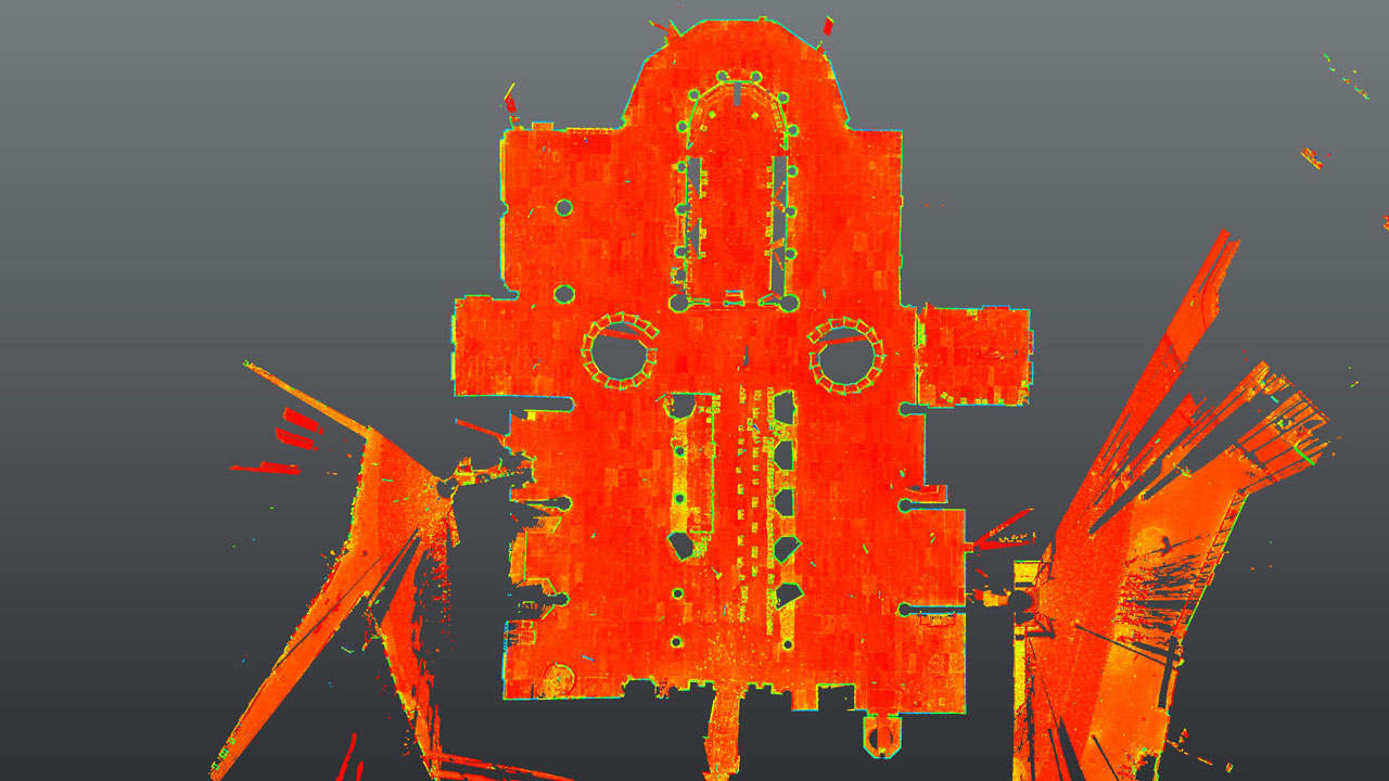 Top-down 3D-weergave van plattegrond Oude Kerk Amsterdam, verkregen via geavanceerde landmeting voor erfgoeddocumentatie