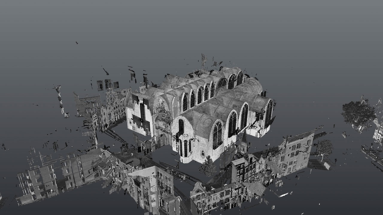 3D-puntenwolk van de Oude Kerk Amsterdam, verkregen via geavanceerde landmeting voor digitale vastlegging van monumentale architectuur