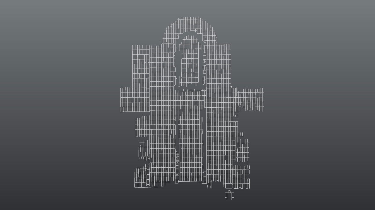 Architecturale wireframe van de Oude Kerk Amsterdam, gegenereerd via landmeting voor digitale plattegrond en erfgoeddocumentatie