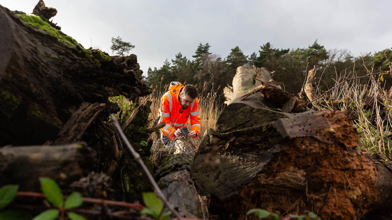 Inspectie natuurbrug door onderzoeker in veiligheidskleding, bevordert ecologische verbinding en veilige oversteek voor mens en dier
