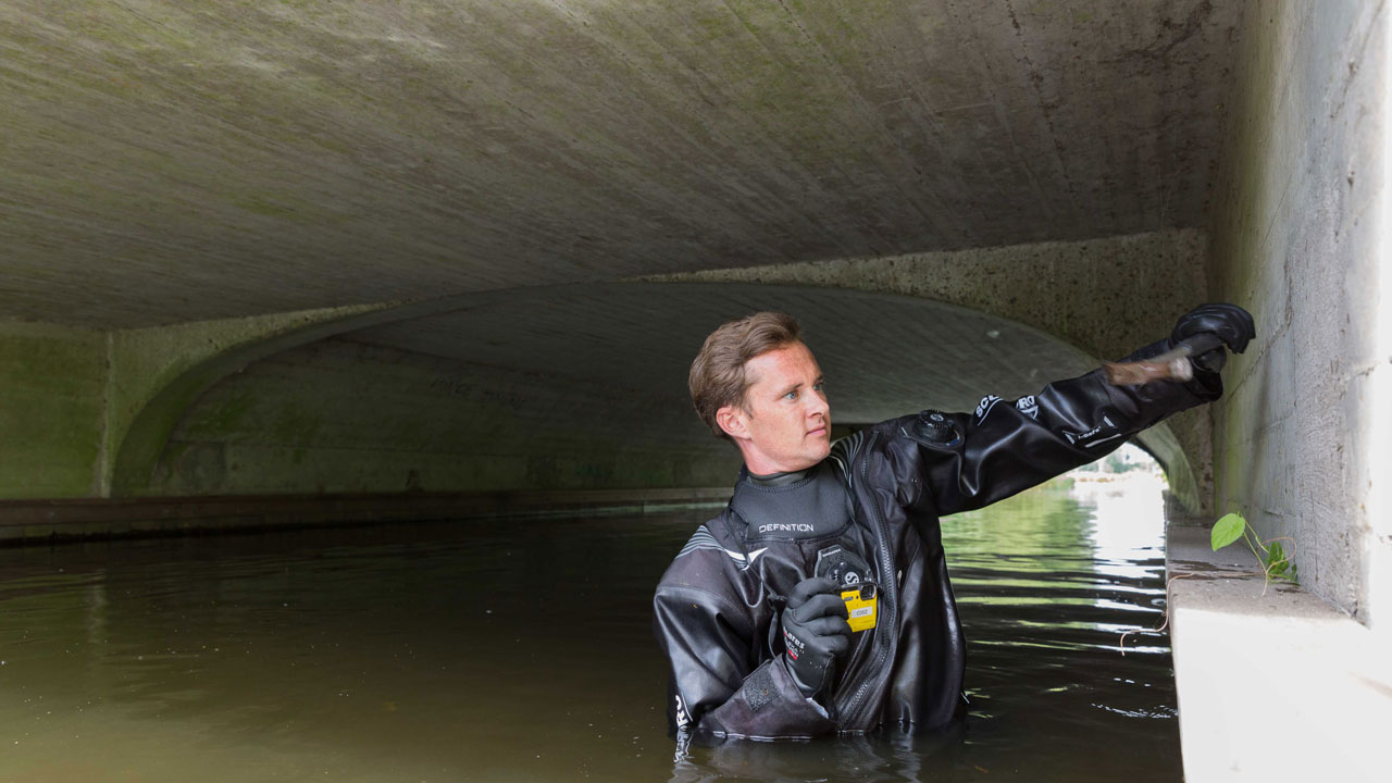 Duiker inspecteert stenen viaduct over het water