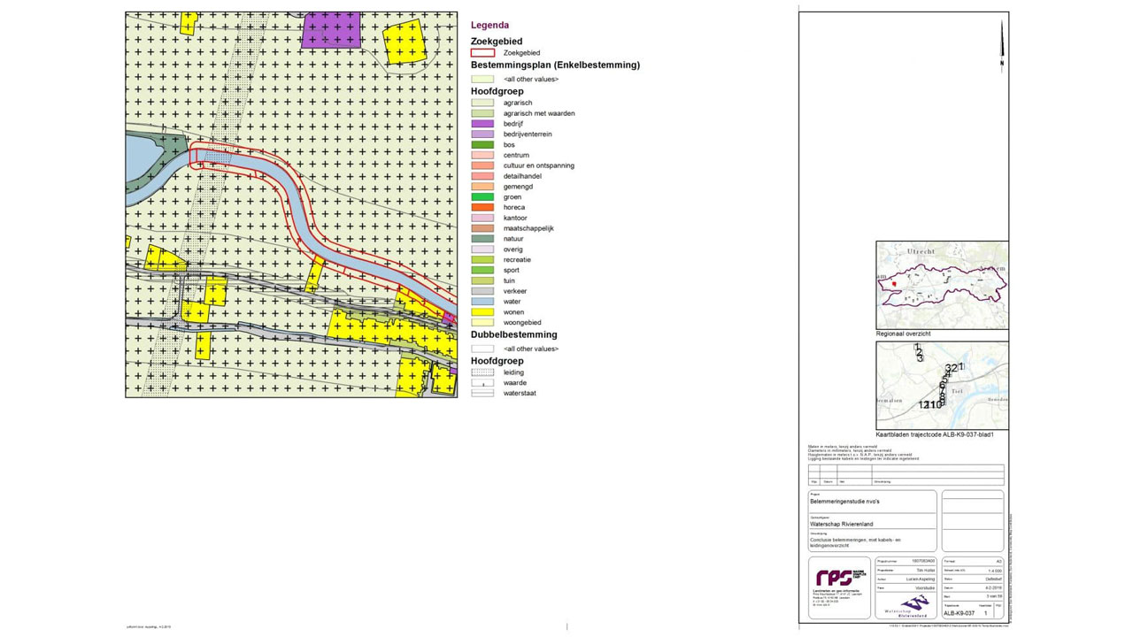 Bestemmingsplankaart met zoekgebieden en dubbelbestemmingen, gebruikt voor analyse van geschikte locaties voor natuurvriendelijke oevers