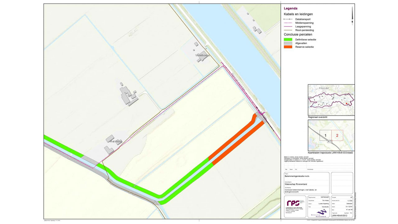 Kaart met kabels, leidingen en perceelselecties langs watergang, gebruikt voor analyse van geschikte locaties voor natuurvriendelijke oevers