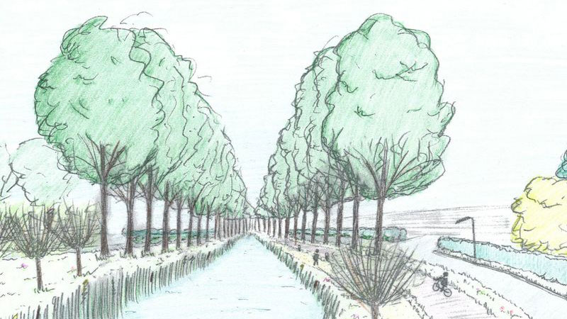 Handgetekend landschap met kanaal, bomenrijen en fietser op pad – duurzame en groene gebiedsinrichting