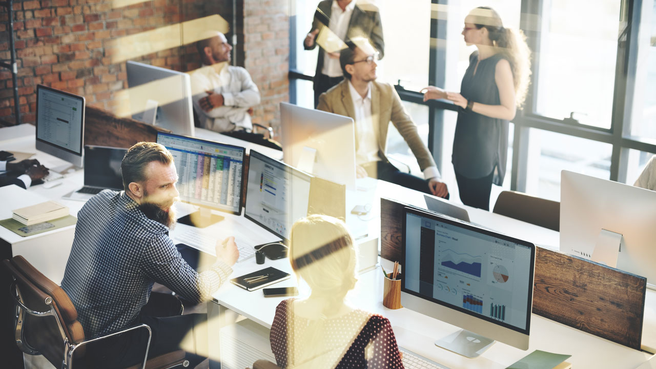 Medewerkers in modern kantoor werken samen aan datarapportages; meerdere schermen tonen grafieken en tabellen in een open, lichte werkomgeving