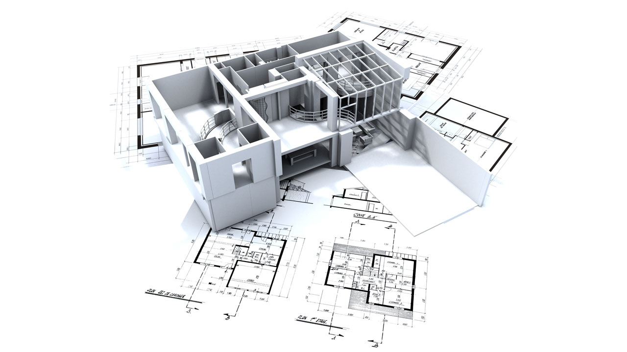 3D-model van een gebouw op bouwtekeningen met zicht op kamers, trappen en ramen; plattegronden tonen structurele details van het ontwerp