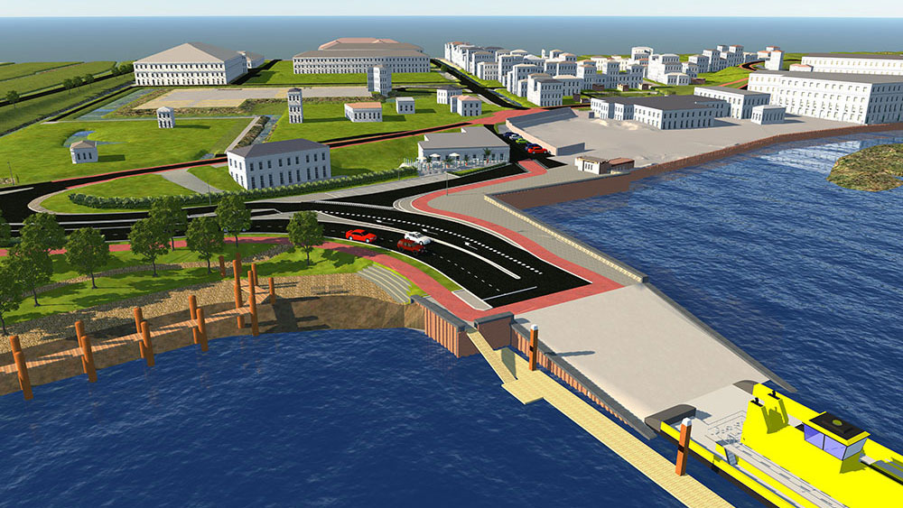 3D-visualisatie van stedelijke kustontwikkeling met infrastructuur, groenvoorziening en veerboot – ruimtelijke planning