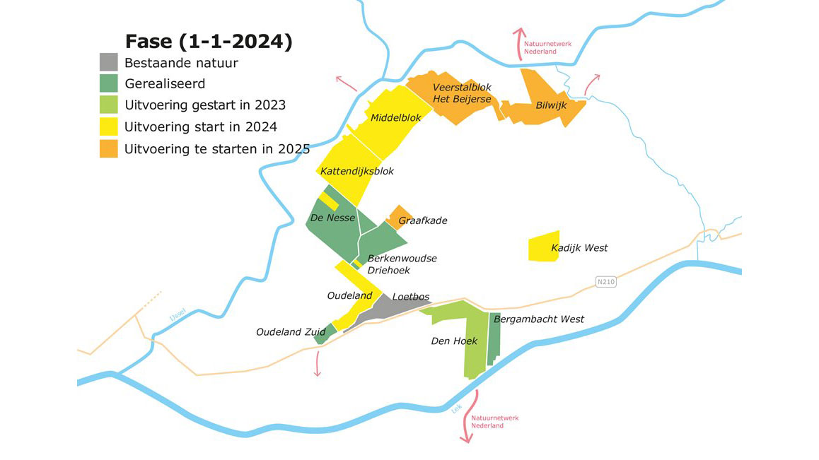 Kaart met fasering natuurontwikkeling Krimpenerwaard t/m 2025; overzicht van bestaande, gerealiseerde en geplande veenweidenatuur