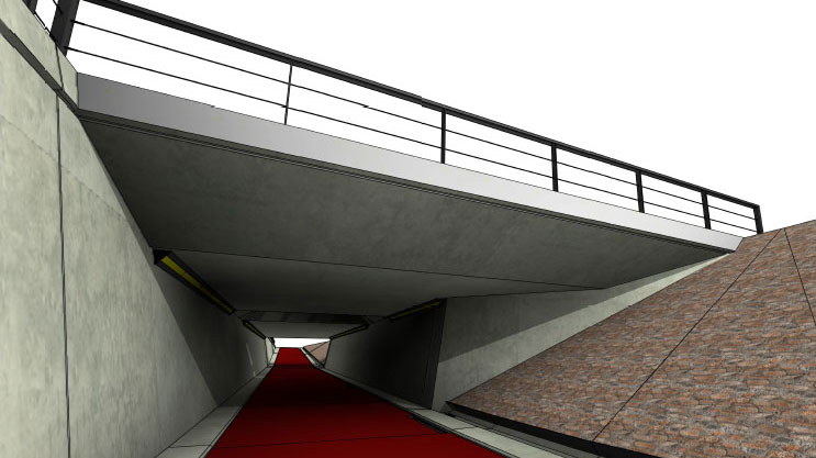 Onderdoorgang Vredenburghlaan met rood fietspad en brugconstructie, onderdeel van duurzame infrastructuur