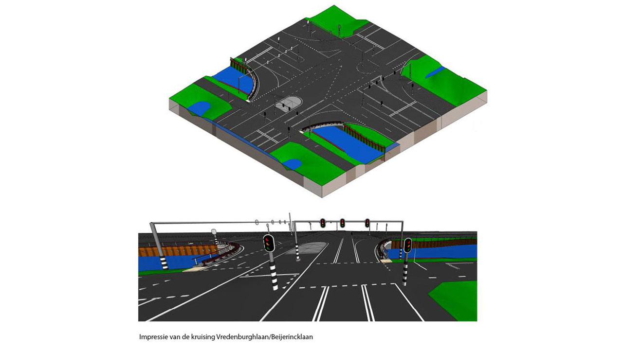 3D-impressie kruising Vredenburghlaan/Beijerincklaan met verkeerslichten en groen, onderdeel van duurzame aanbesteding