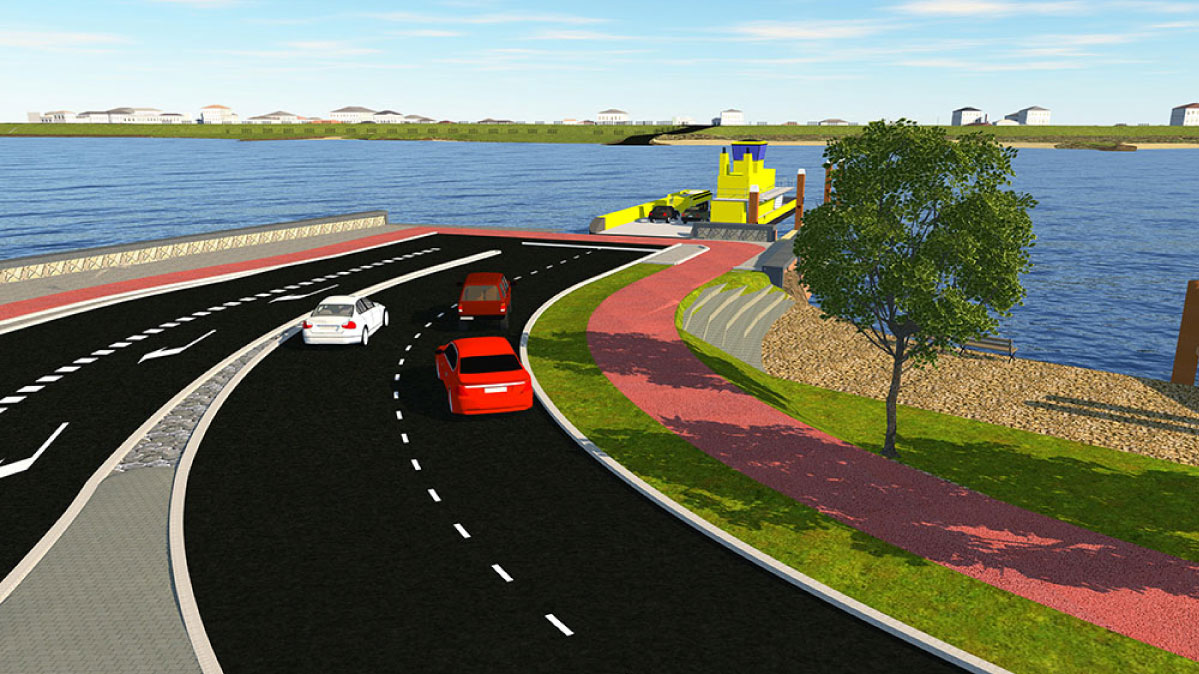 Visualisatie heringerichte veerstoep Bergambacht met rijbaan, fietspad en aanlegsteiger, onderdeel van infrastructuurproject