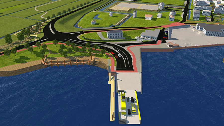 3D-visualisatie herinrichting veerstoep Bergambacht met infrastructuur, groenvoorziening en aanlegsteiger