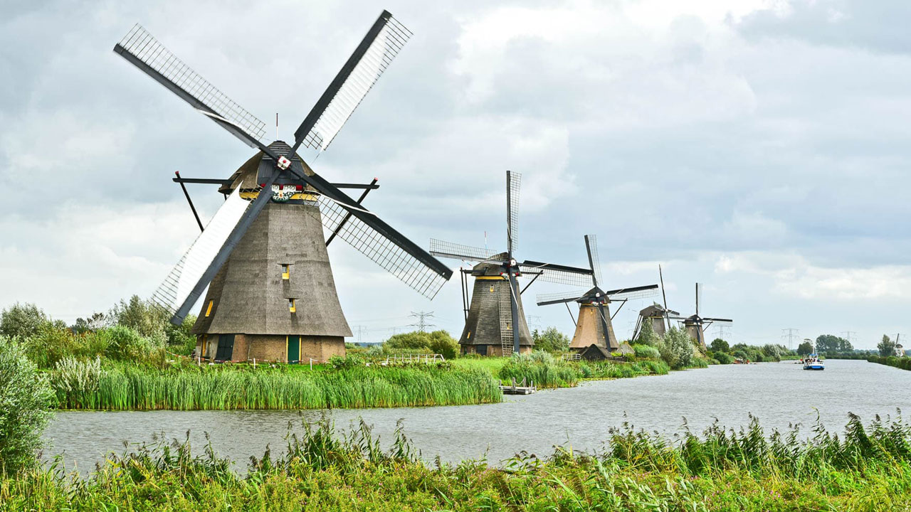 Rij traditionele molens langs kanaal in Kinderdijk, omringd door groen, onderdeel van erfgoedproject en opknapbeurt voor werelderfgoedlocatie