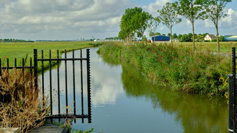 Kanaal met gele boeien en hekwerk in poldergebied, onderdeel van pragmatische toetsing van kaden door Tetra Tech