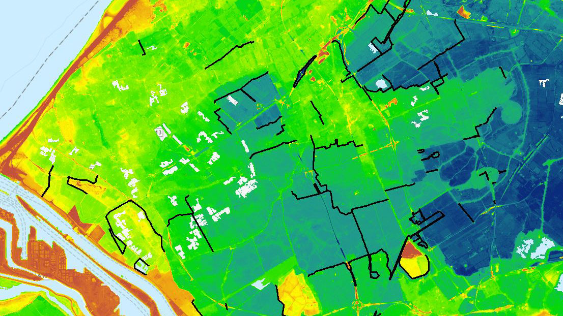 Kaart met kleurzones voor analyse van polderkaden, onderdeel van pragmatische toetsingsaanpak door Tetra Tech