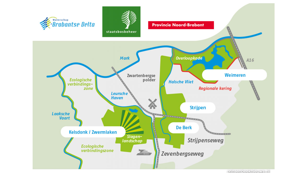 Kaart van Weimeren en omgeving met ecologische zones, waterkeringen en natuurgebieden, onderdeel van dijkversterkingsproject Tetra Tech