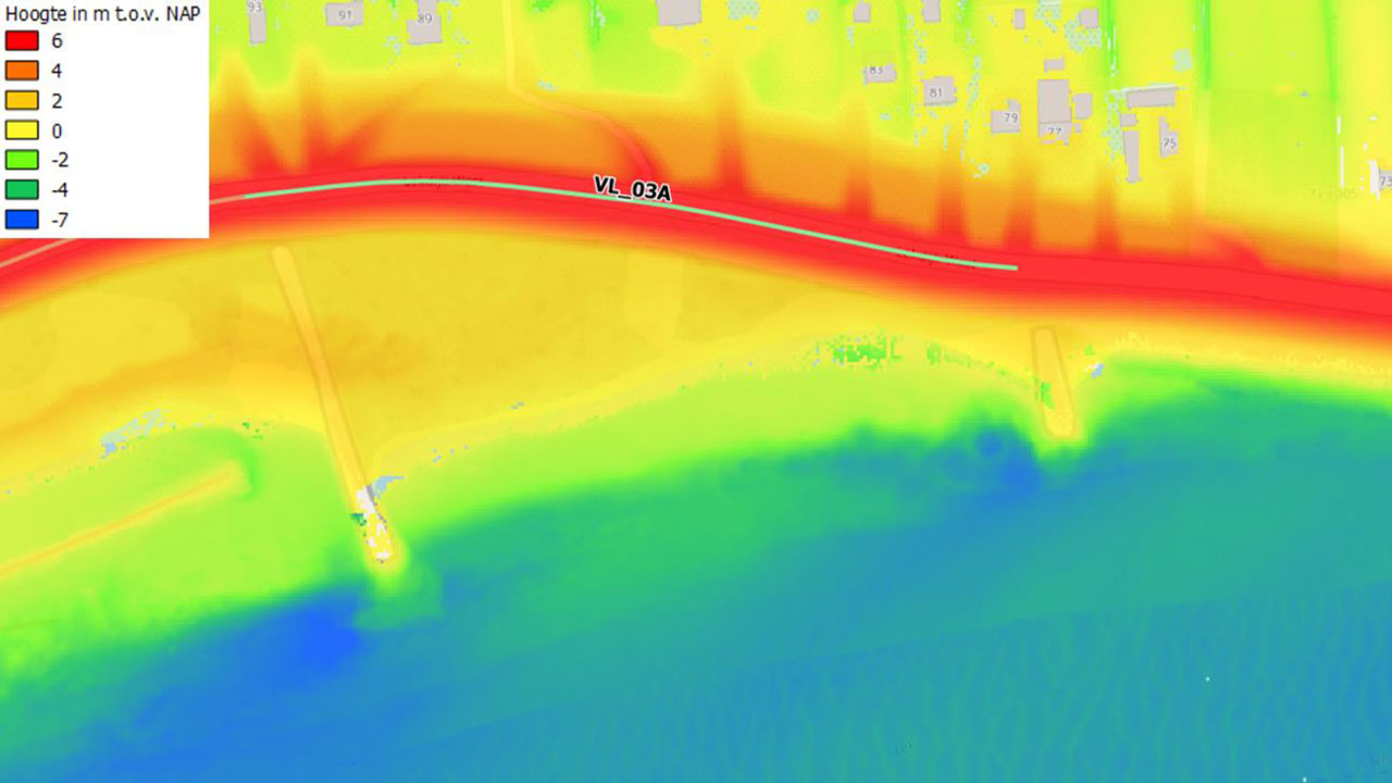 Hoogtekaart voorlanden Hollandsche IJssel met kleurenschaal t.o.v. NAP, gebruikt bij veiligheidsbeoordeling waterkeringen