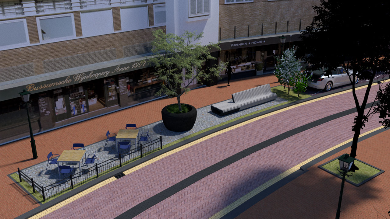 Virtuele weergave van winkelstraat met terras, groen en winkels, gebruikt voor bewonersparticipatie in stedelijke herinrichting via VR