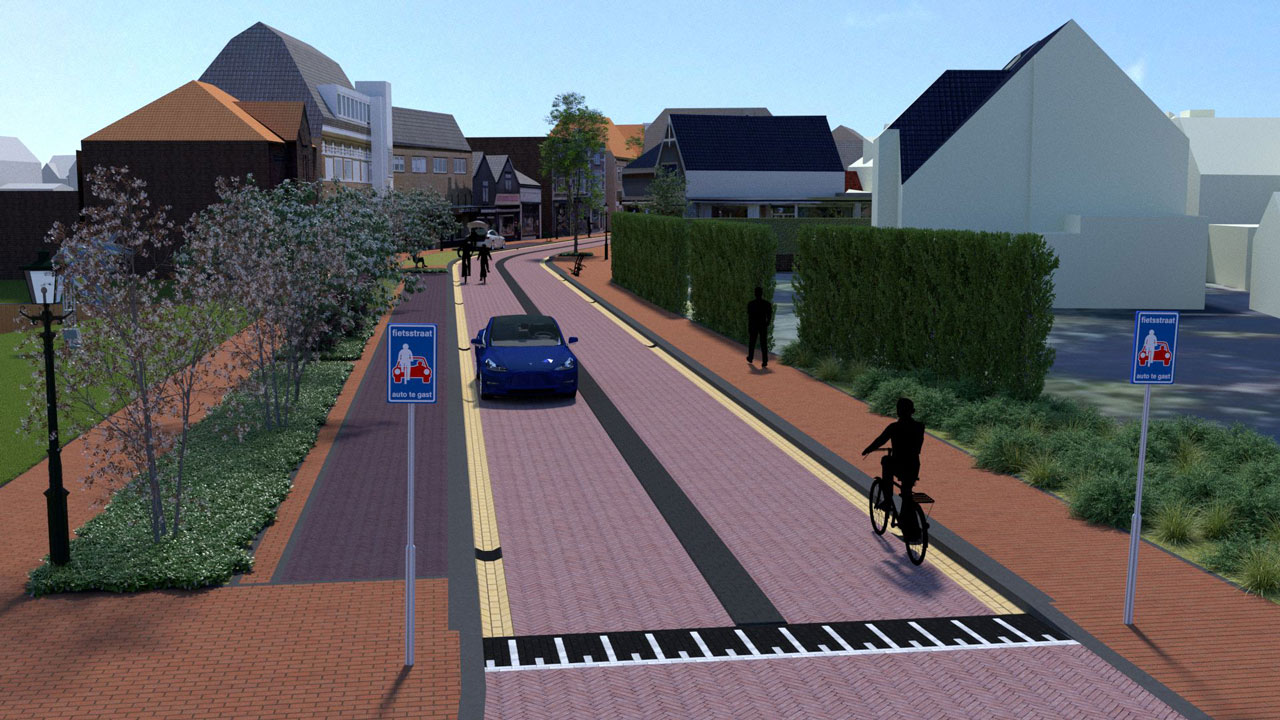 Virtuele fietsstraat met verkeersborden 'Auto te gast', gebruikt in VR-simulatie voor bewonersparticipatie in duurzame wijkontwikkeling