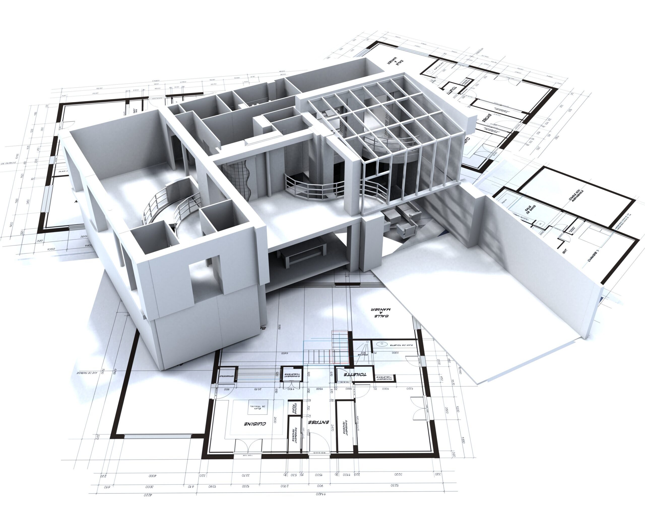 3D-model van een gebouw op bouwtekeningen met zicht op kamers, trappen en ramen; plattegronden tonen structurele details van het ontwerp
