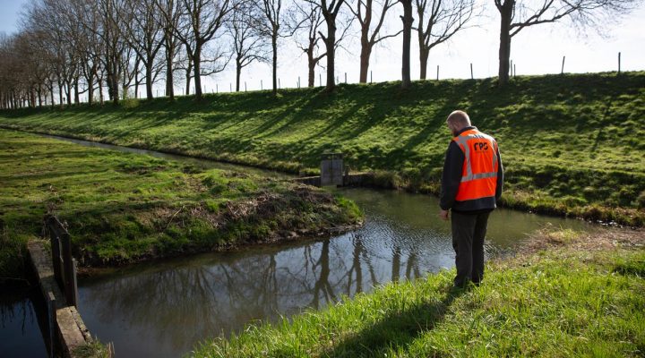 Medewerker bij watergang met grasoevers, voor advies en monitoring in duurzaam waterbeheer
