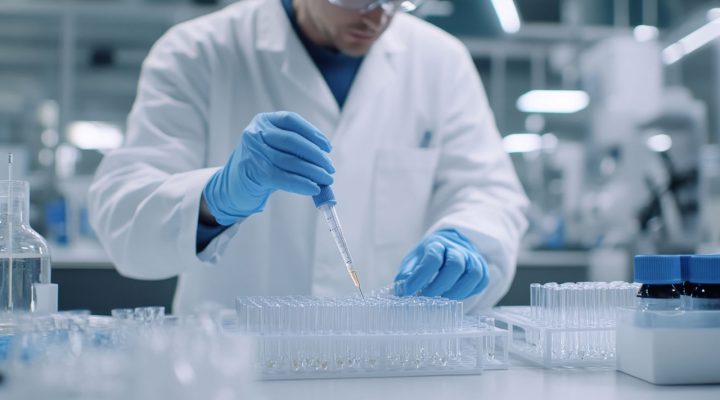 Laboratoriummedewerker voert chemische analyse uit met pipet en reageerbuizen in een professioneel lab