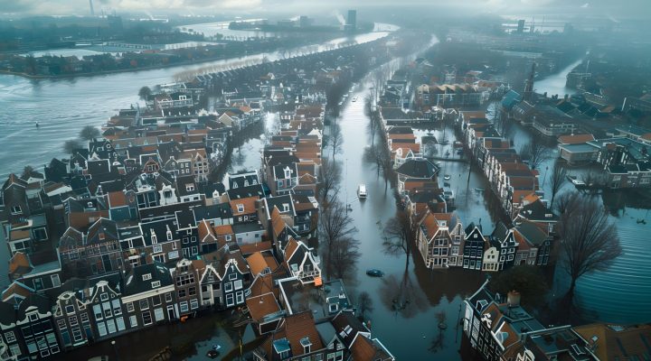 Luchtfoto van overstroomde woonwijk. Wij voeren klimaatstresstesten uit voor inzicht in wateroverlast en klimaatrisico’s